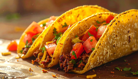 tacos with meat and vegetables on a brown background. Mexican foodの素材