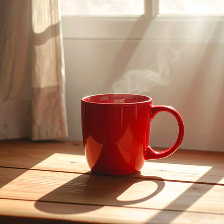 Red cup of coffee on the windowsill in the morning light.の素材