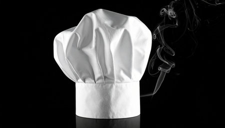 Chef hat with smoke on black background, black and white imageの素材