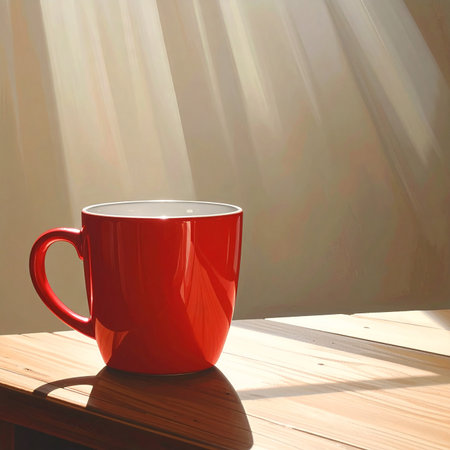 Red coffee cup on wooden table with sunlight ray from window. 3D renderingの素材