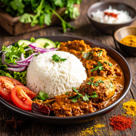 Indian curry with rice and vegetables on wooden background. Selective focus.の素材