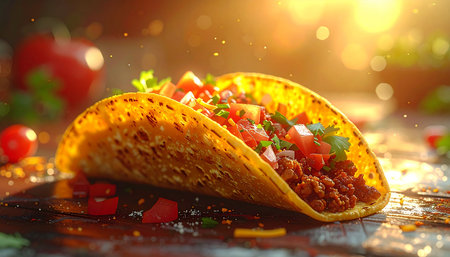Taco with meat and vegetables on a dark background. Mexican foodの素材
