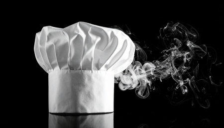 Chef hat with smoke on black background. Black and white.の素材