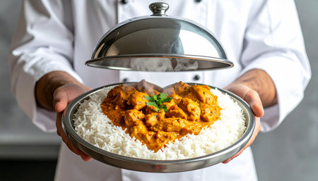 Hands of a chef in white uniform holding a plate of spicy chicken curryの素材