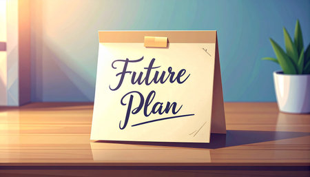 FUTURE PLAN text on sticky note on wooden desk in officeの素材