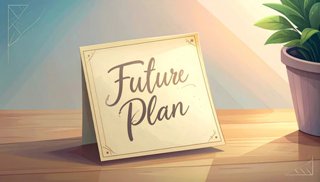 Illustration of a wooden table with a sign with the text Future Planの素材