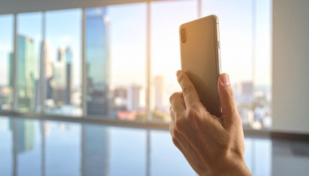 Woman hand using smart phone in modern office with city view background.の素材