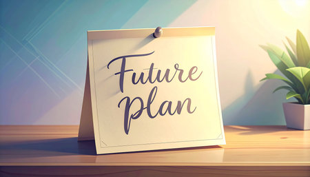 Futuristic Plan text on sticky note on wooden table. 3D Renderingの素材