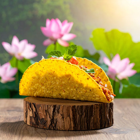 Mexican tacos on wooden table with lotus flowers and sunlight.の素材