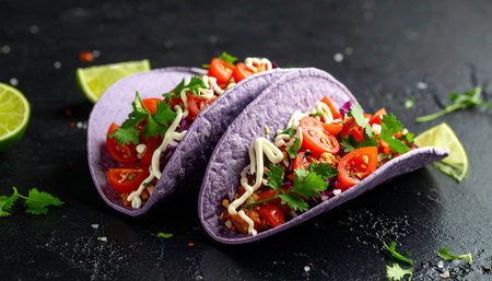 Mexican tacos with beef, tomatoes and cilantro on black backgroundの素材