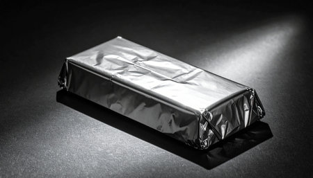 Silver foil box on a dark background. Black and white photo.の素材