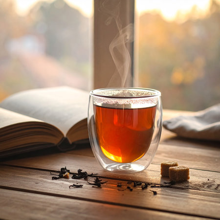 Cup of tea with book on wooden table near window at sunsetの素材