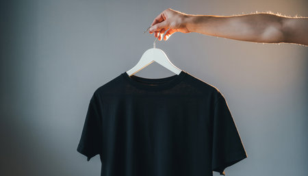 Black T-shirt on a hanger on a gray background.の素材