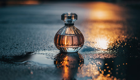 Perfume bottle on wet asphalt with reflection. Selective focus.の素材