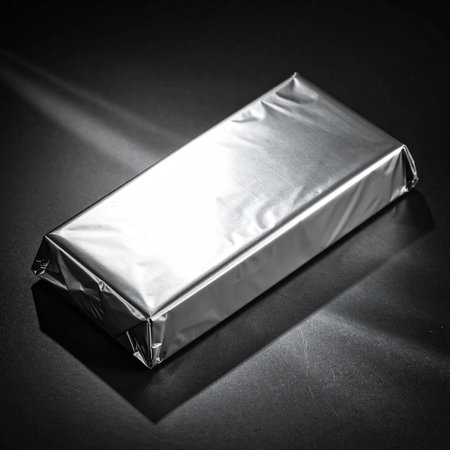 aluminum foil bag on a black background with rays of light.の素材