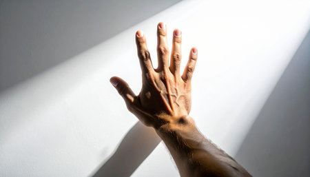 Hands of a man with shadow on a white wall background.の素材