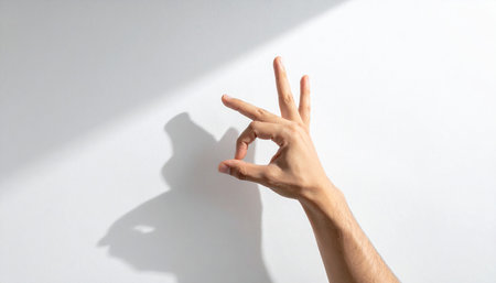 Man's hand showing OK sign with shadow on a white wall.の素材