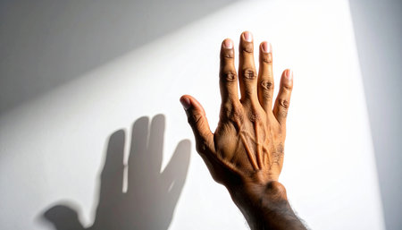 Man's hand with shadow on a white wall. Close up.の素材