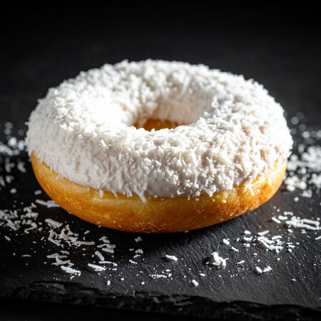 Coconut donut on black slate plate. Toned.の素材