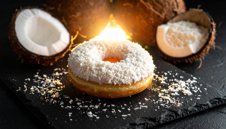 Coconut donut with coconut flakes on a black slate boardの素材