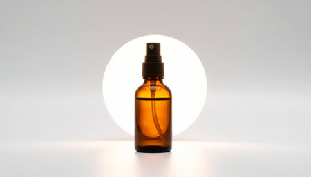 Essential oil in a glass bottle on a white background with a shadowの素材