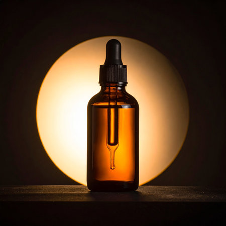 Glass dropper bottle with serum or essential oil on a dark backgroundの素材