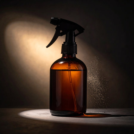Spray bottle on a dark background with a spotlight and copy spaceの素材