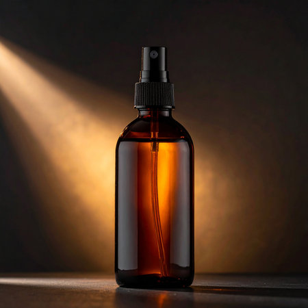 Amber glass bottle with dropper on dark background with spotlightsの素材