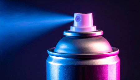 Aerosol spray can in neon light. Aerosol can be used as a decorative element.の素材