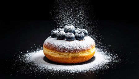 Donut with blueberries sprinkled with powdered sugar on a black backgroundの素材