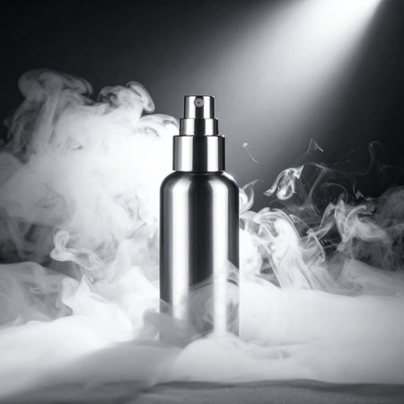 Cosmetic bottle on a dark background with smoke. Skincare concept.の素材
