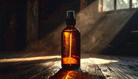 Essential oil in a glass bottle on a wooden background. Skin care concept.の素材