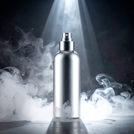 Cosmetic spray bottle on dark background with smoke. Beauty concept.の素材