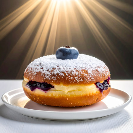Blueberry doughnut on a white plate with rays of light.の素材