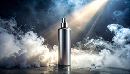 Cosmetic bottle on a dark background with smoke and rays of lightの素材