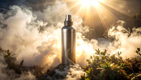 Cosmetic spray bottle on the background of clouds of smoke and sunlight.の素材