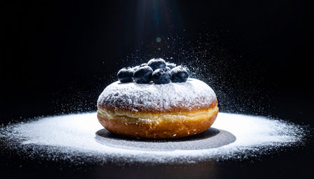 Donut sprinkled with powdered sugar and blueberries on a black backgroundの素材