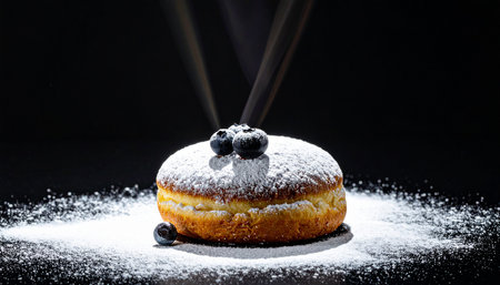 Donut with blueberries and powdered sugar on a black background.の素材