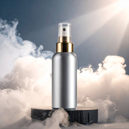 Mockup of silver cosmetic bottle on wooden pedestal in smokeの素材