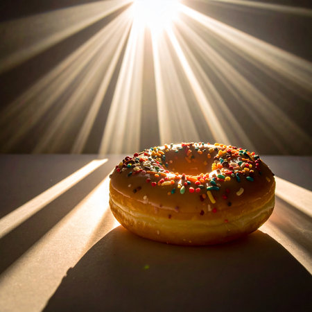Donut with colorful sprinkles on a white background with sun raysの素材