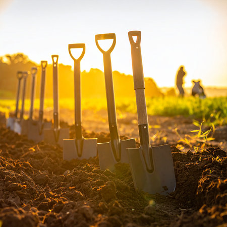 Shovels on the soil in the field at sunset.の素材