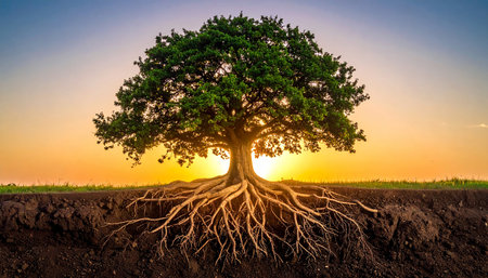 Big tree with roots in the field at sunset. Conceptual imageの素材