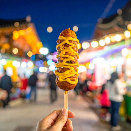 Fried sausage with mustard on a stick at the street food festivalの素材