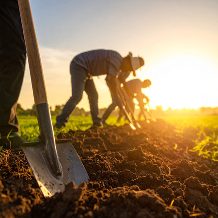 Farmer working with shovel in the field at sunset. Concept of agriculture.の素材