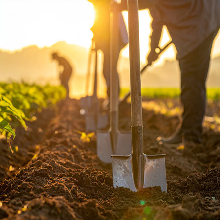Farmer working with a shovel in the vegetable garden at sunset.の素材