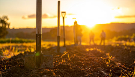 Gardening tools on the field ready for planting at sunset.の素材