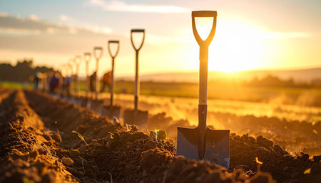 Shovels on the field at sunset. Selective focus.の素材