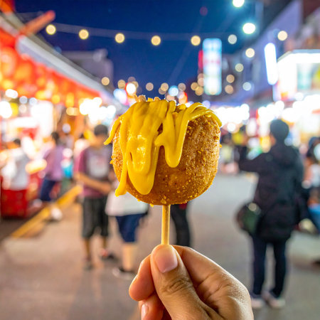Man hand holding donut with yellow sauce on stick in street food market at nightの素材