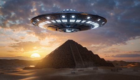 UFO in the desert with pyramids and sun. 3d renderingの素材