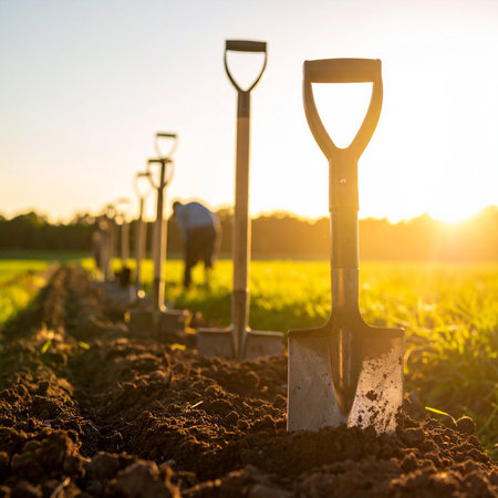 Shovels in the field ready for planting. Gardening concept.の素材